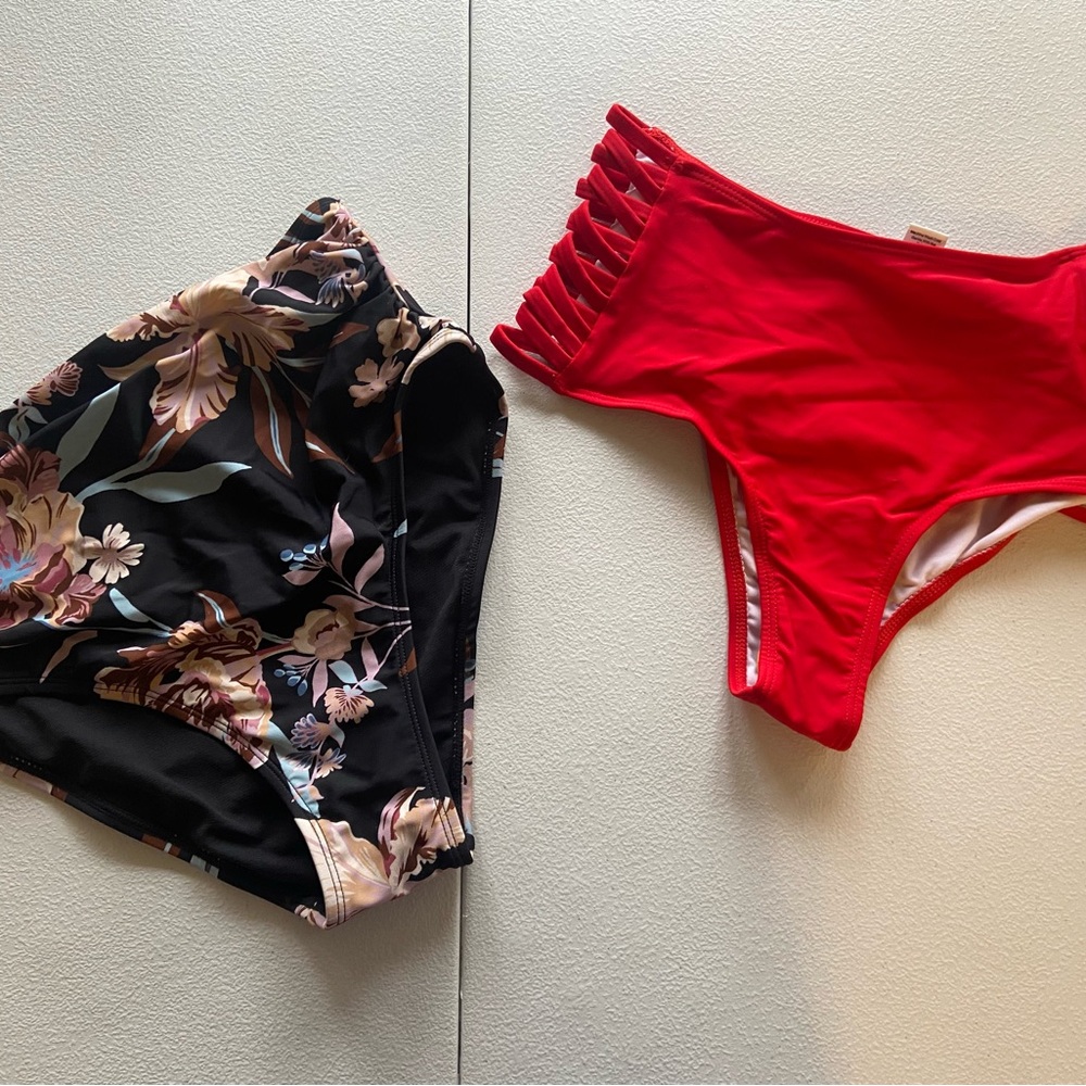 Mix-and-Match Floral High-Waist & Red Strappy Bikini Bottoms